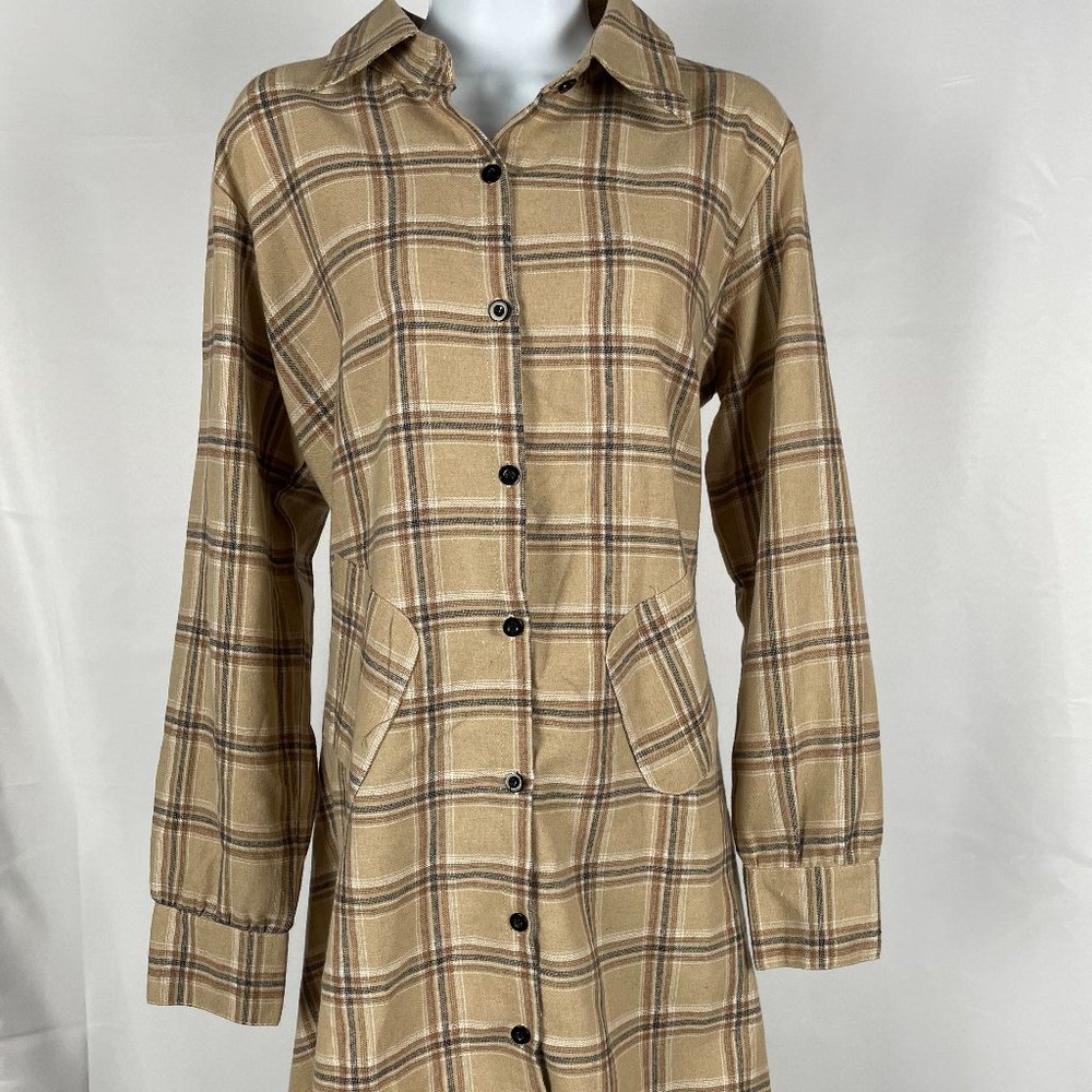 OLRAIN Plaid Irregular Hem Casual Shirt Dress Beige Plaid Long Modest